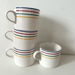 Ranmaru White Ceramic Mugs with Blue, Red, Green & Yellow Stripes - Set of 4